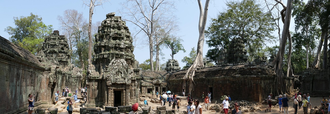 Tree roots entwining the jungle ruins of Ta Prohm temple